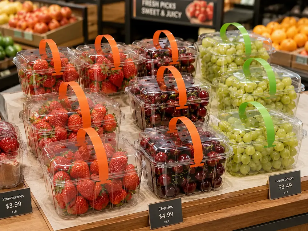 Clear fruit containers displayed in a supermarket fresh produce section