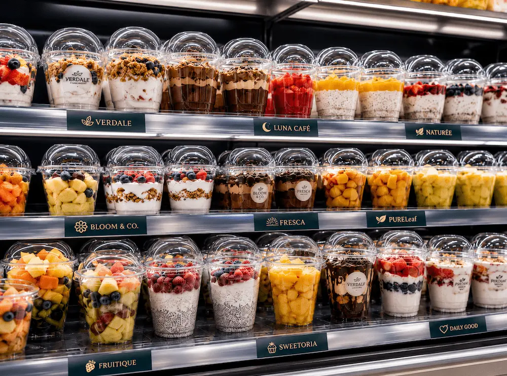 Dome Lid Cups for Supermarkets, Cafes, Bakeries, and Foodservice Brands 2 Supermarket display of clear PET dome lid cups for fruit cups, yogurt parfaits, and chilled dessert drinks