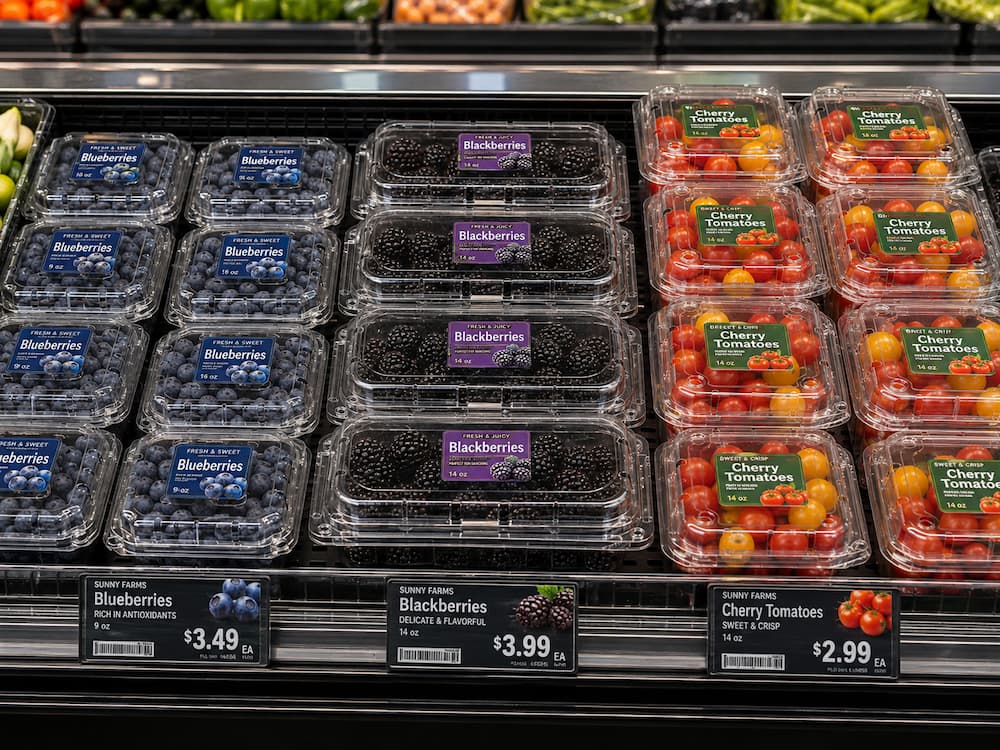 Fresh Produce Retail Display FAQ: Materials, Sizes, Uses, and Ordering Questions 1 Supermarket fresh fruit packaging in clear clamshell containers for berries and cherry tomatoes