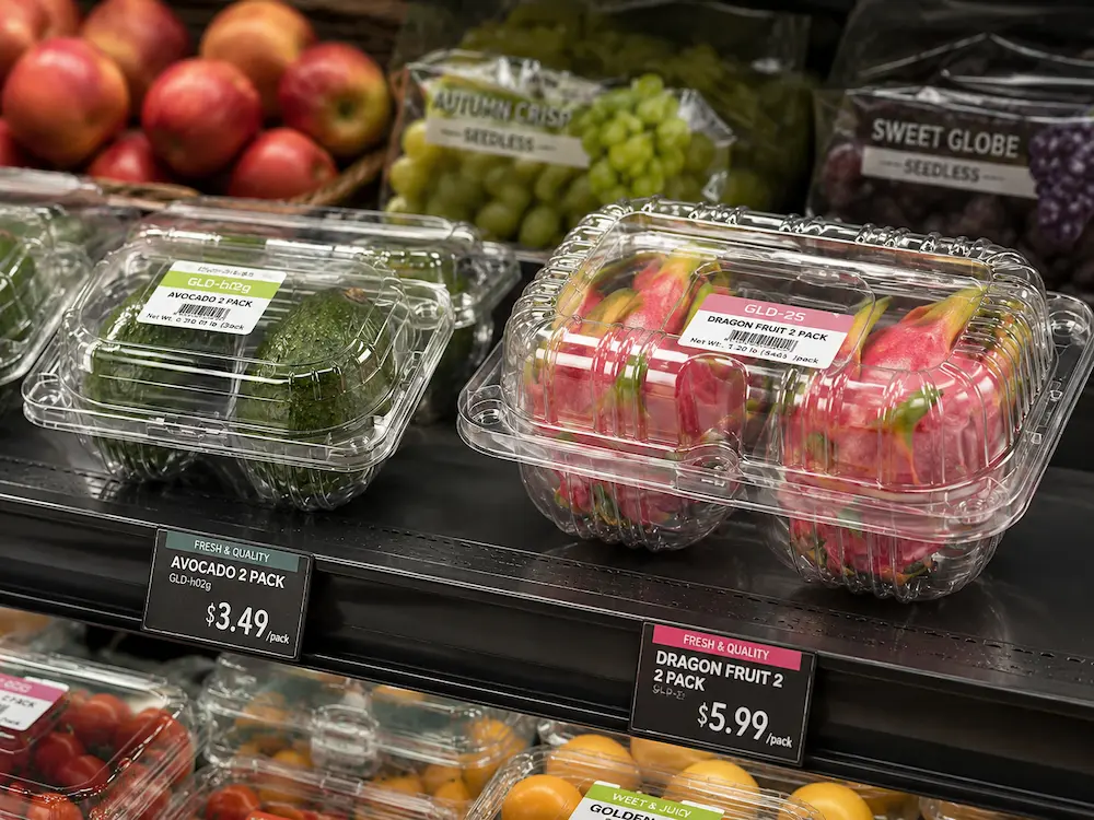 Fruit Packaging for Supermarkets and Convenience Stores Complete Guide 3 Supermarket fresh fruit packaging displayed in clear PET clamshell containers