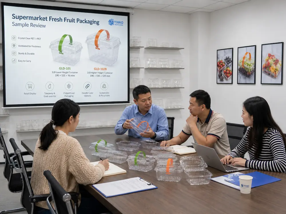 Packaging team reviewing clear handled fruit container samples for supermarket fresh fruit packaging