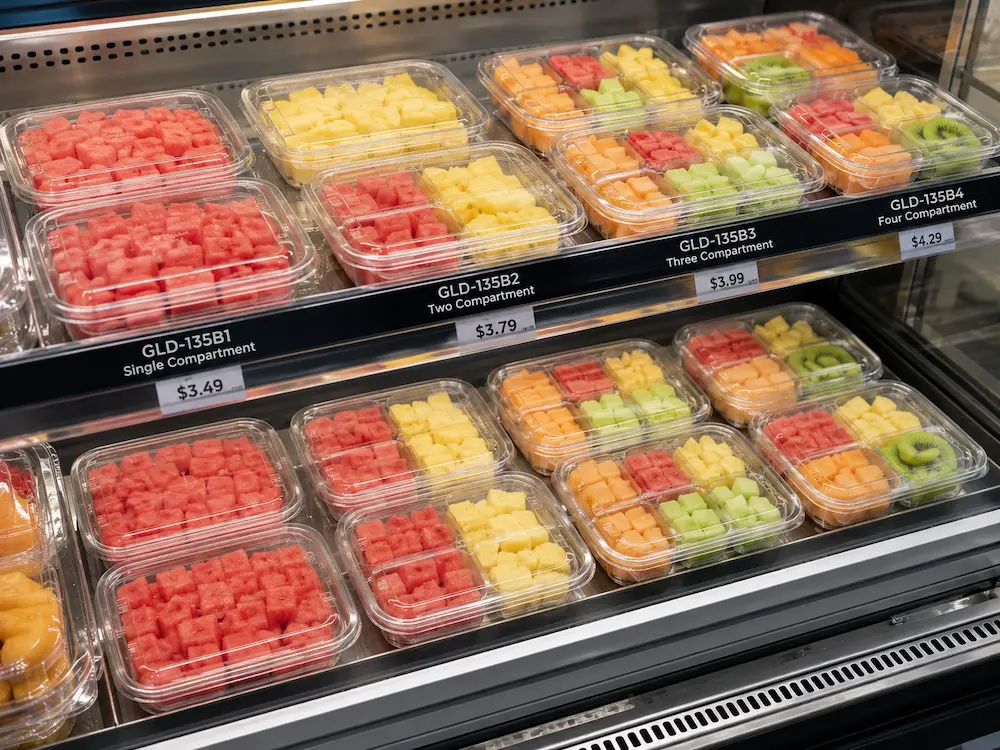Wholesale Fruit Cup Packaging: Manufacturer and Supplier Checklist 4 Supermarket grab-and-go fruit packaging with labeled clear PET fruit containers in a chilled display