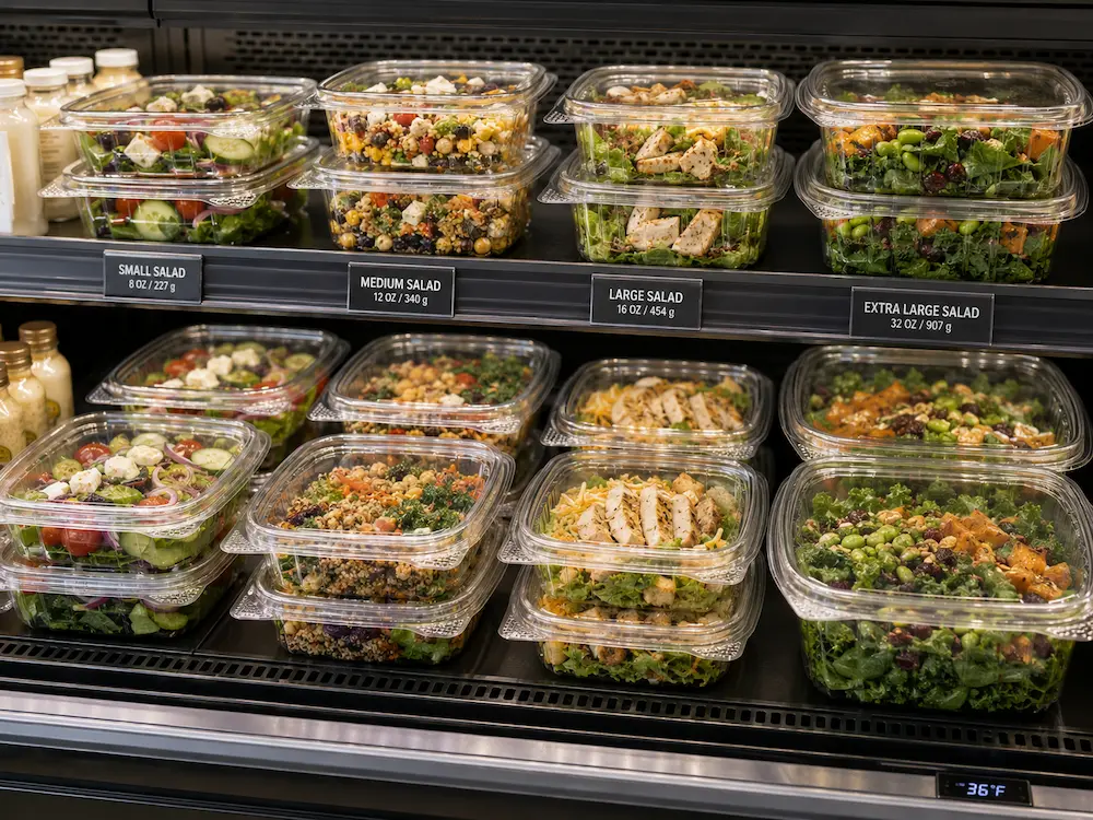Supermarket ready-to-eat salad containers displayed under bright refrigerated shelf lighting