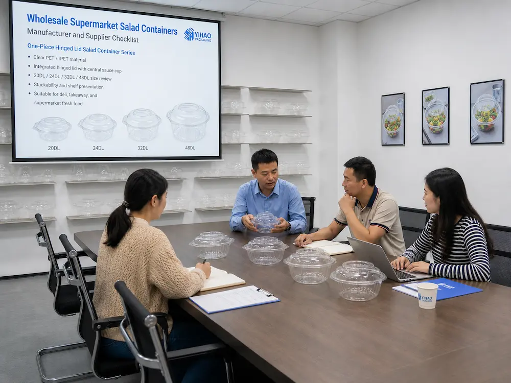 Packaging sample review meeting for wholesale supermarket salad containers