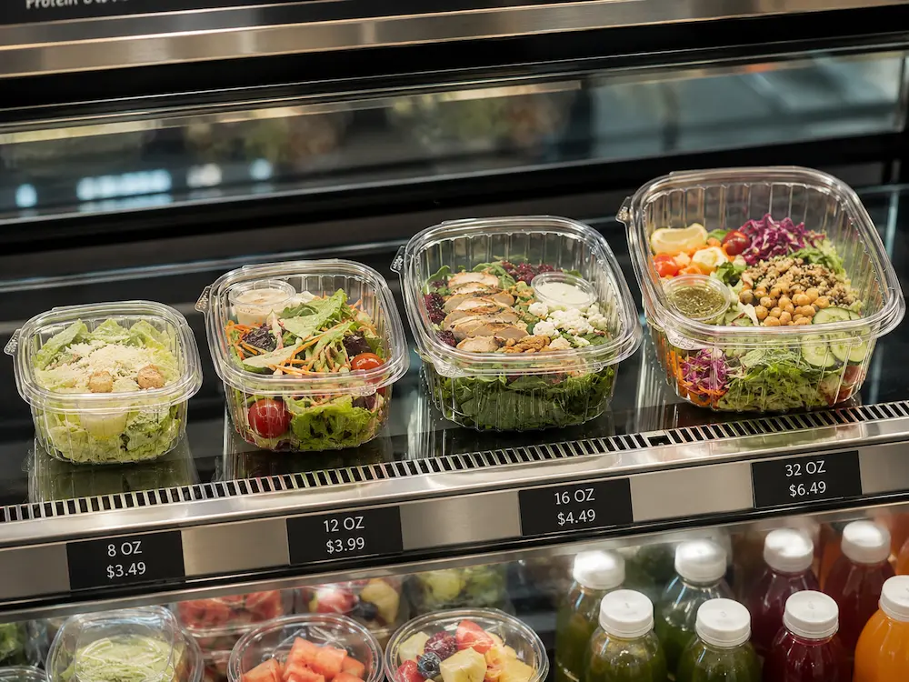Salad Packaging Containers: Buyer Guide for Food Packaging Teams 3 Supermarket salad containers in clear PET packaging displayed in a refrigerated case