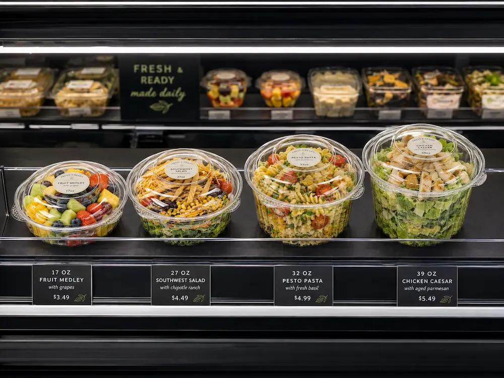 Clear PET supermarket salad containers displayed in refrigerated retail shelf