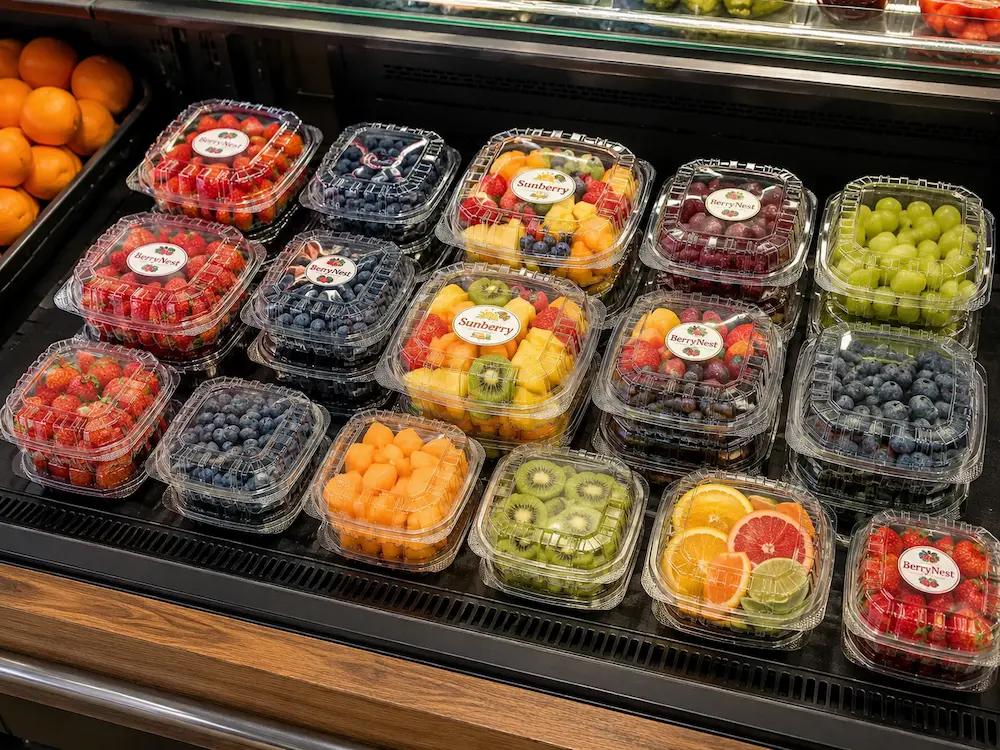 Takeaway fruit packs in clear PET clamshell containers displayed in a refrigerated grab-and-go case