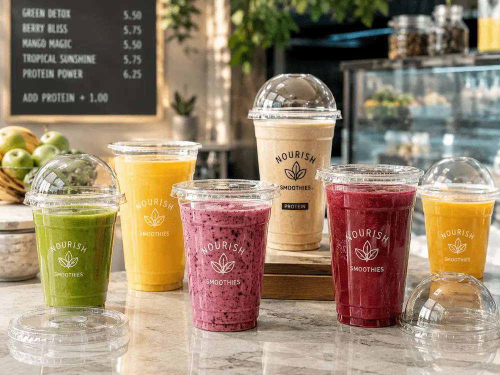 Takeaway smoothie cups with flat and dome lids displayed on a smoothie bar counter