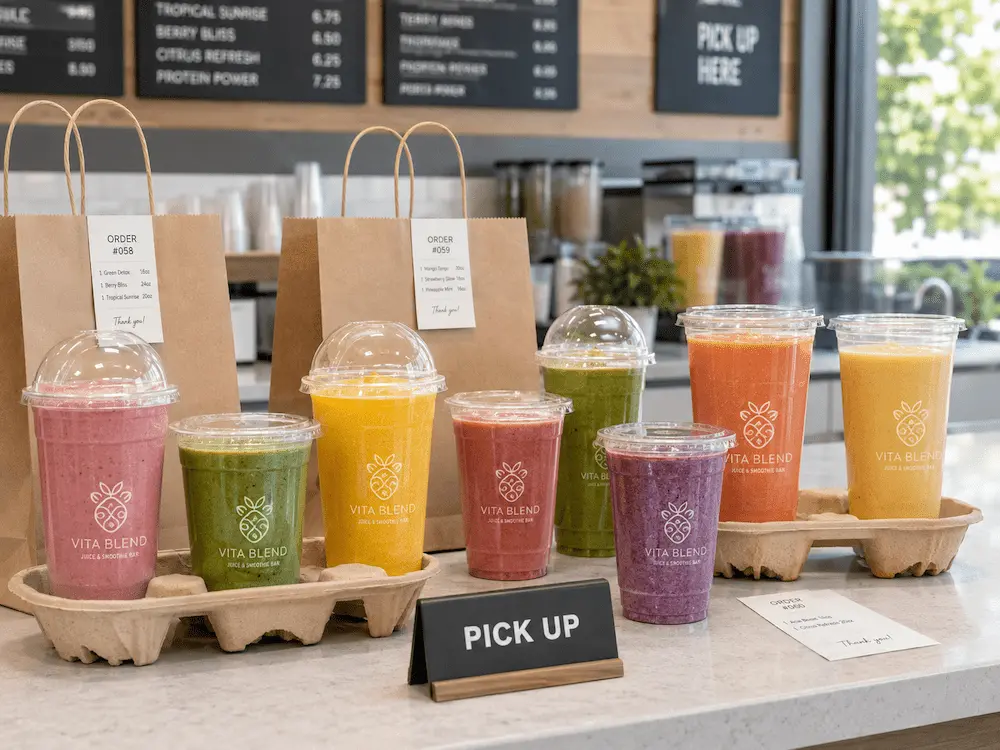 Takeaway smoothie cups arranged at a cafe pickup counter with paper carry trays