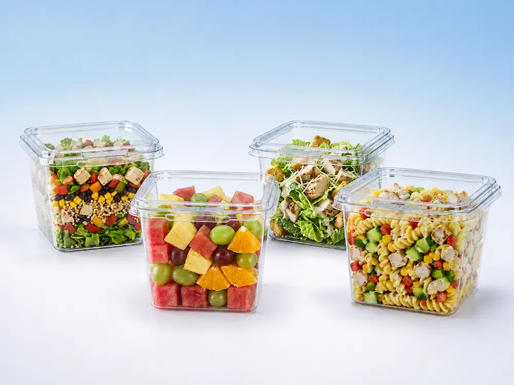 Tall clear PET square food containers with flat lids for layered salad, fruit salad, pasta salad, and takeaway meals