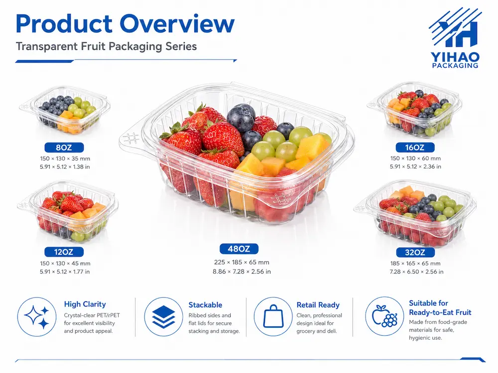 Transparent fruit packaging series for ready-to-eat fruit containers and retail display