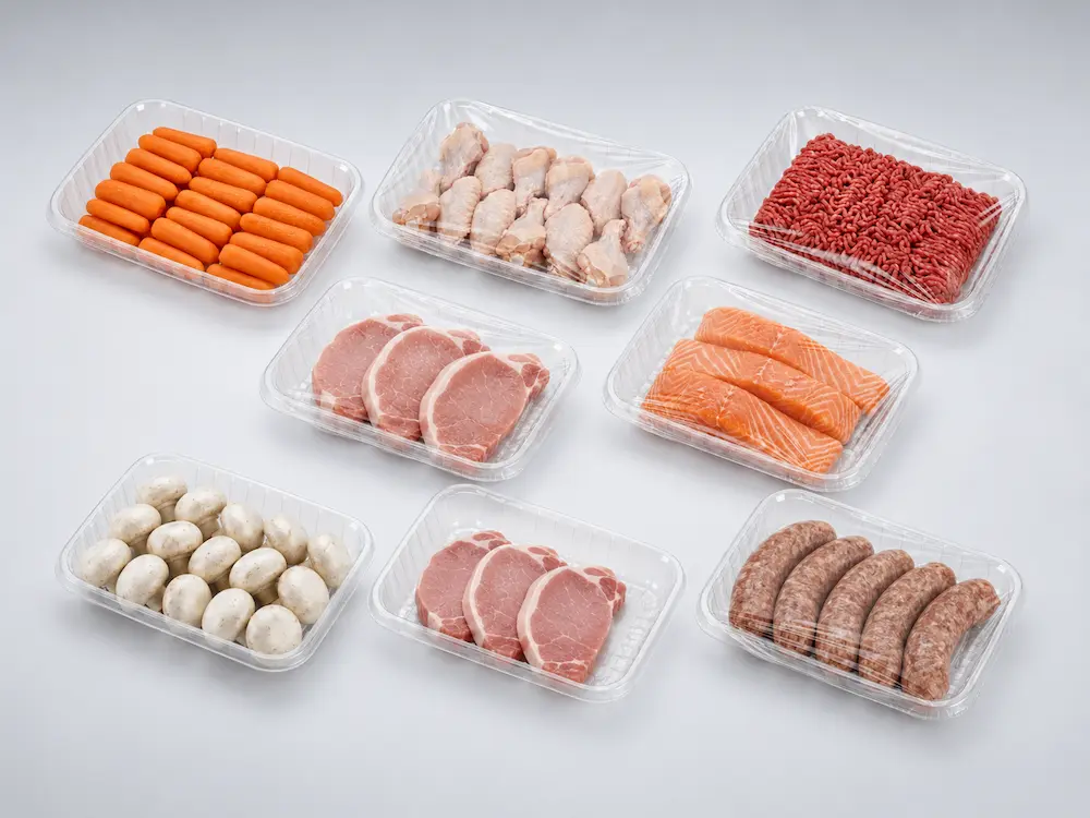 Transparent PET fresh food trays for meat, seafood, vegetables, and retail food packaging