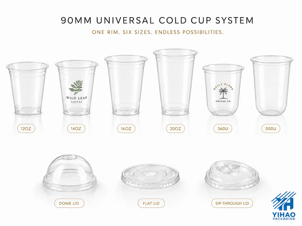 Universal cold cup and lid system with multiple cup sizes, dome lids, flat lids, and sip-through lids