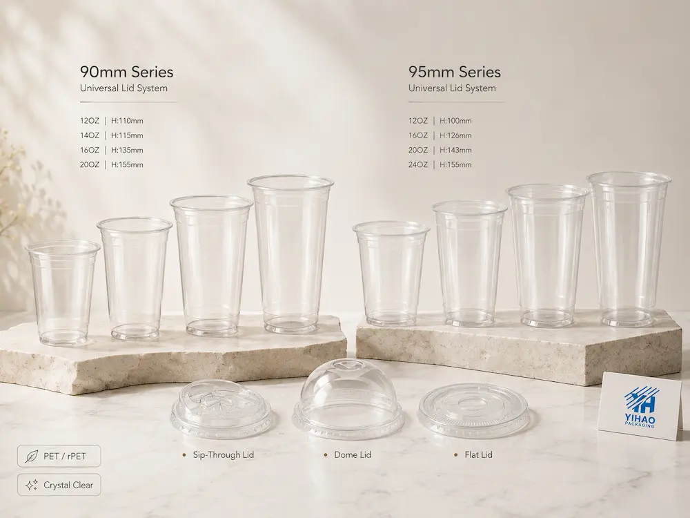 Wholesale Cold Cups: Buyer Guide for Food Packaging Teams 4 Clear cold cup series with universal flat lid, dome lid and sip-through lid options