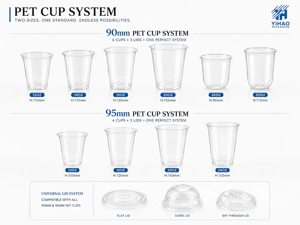 Universal PET cup lid system for 90mm and 95mm cold cups with flat dome and sip-through lids