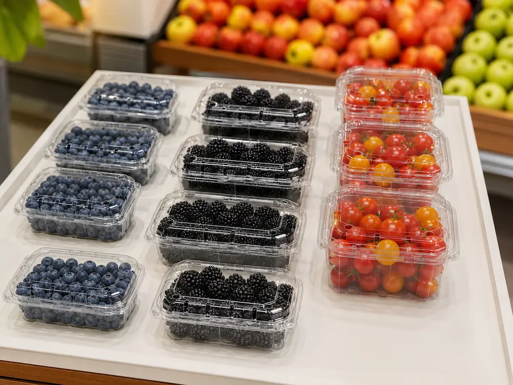 Vented Fruit Clamshells: Buyer Guide for Food Packaging Teams 2 Vented berry clamshell containers filled with blueberries, blackberries, and cherry tomatoes