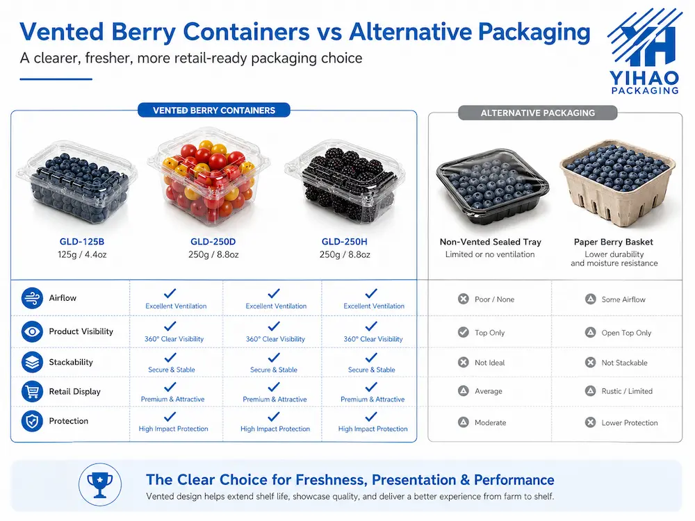 Vented Berry Containers vs Alternative Packaging: How Buyers Should Choose 4 Vented berry containers compared with non-vented tray and paper berry basket for fresh produce packaging