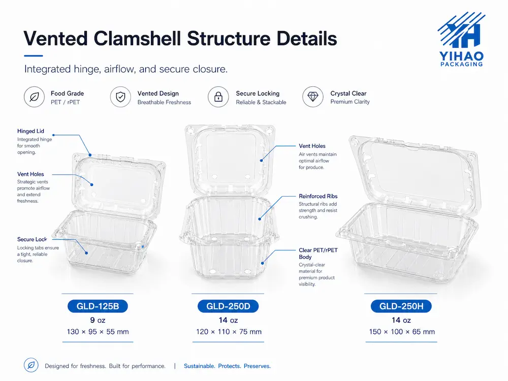 Best Breathable Produce Packaging for Retail Display, Takeaway, and Chilled Food 5 Vented clamshell structure details showing hinge vent holes reinforced ribs secure locking and clear PET body