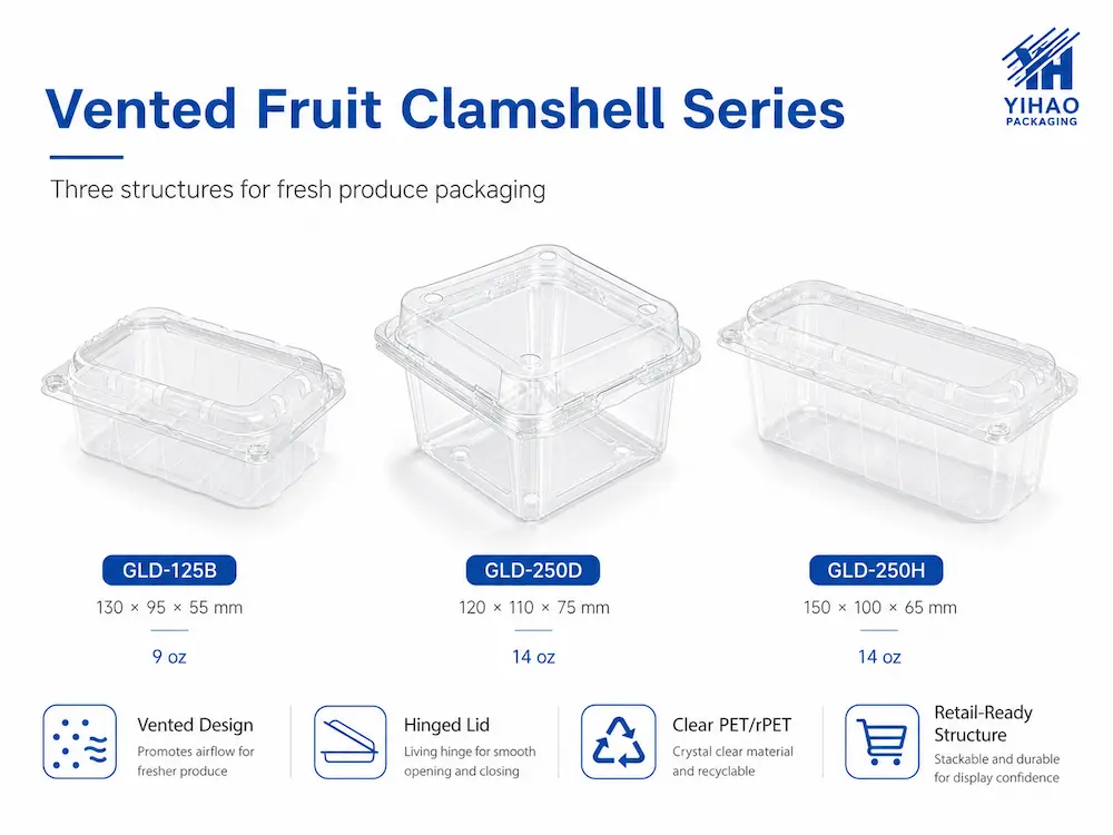 Vented fruit clamshell series for fresh produce packaging with clear PET and rPET hinged containers