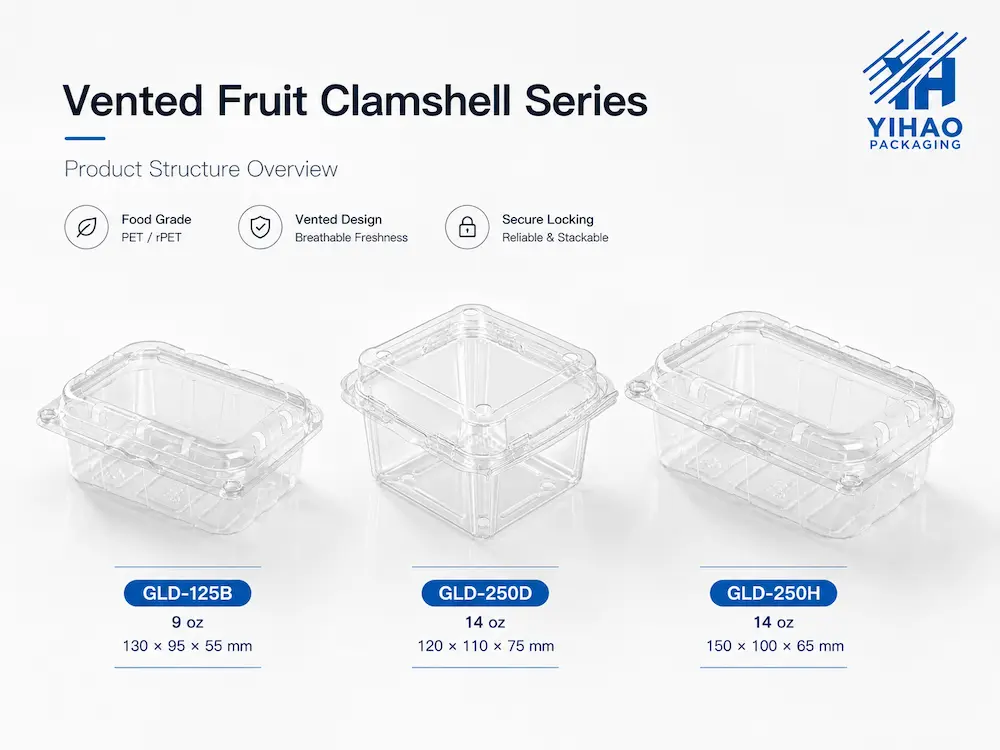 Best Breathable Produce Packaging for Retail Display, Takeaway, and Chilled Food 2 Vented fruit clamshell series with clear PET produce containers for blueberries cherry tomatoes and berries