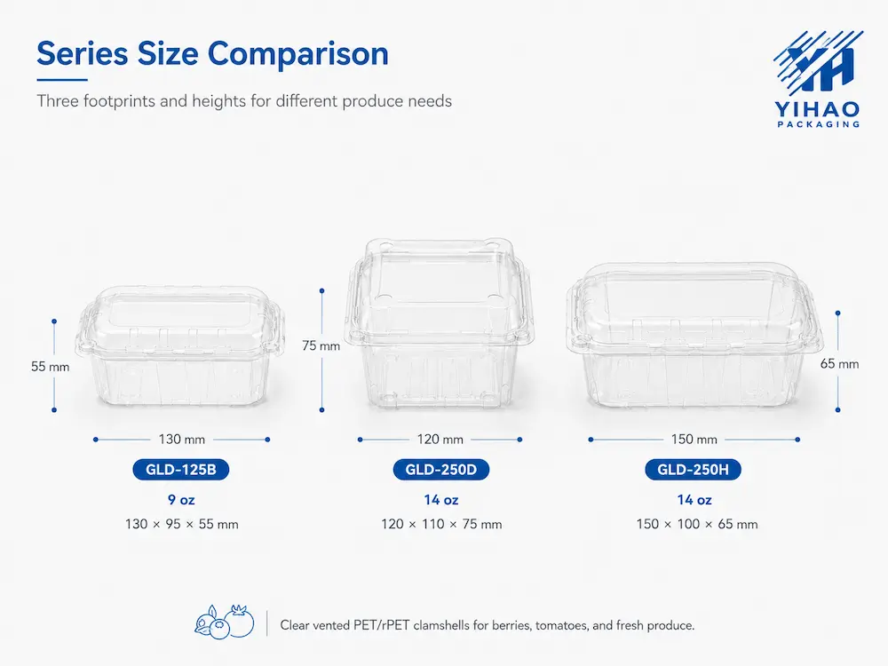 Vented Fruit Clamshells: Buyer Guide for Food Packaging Teams 5 Vented fruit clamshell size comparison for different fresh produce packaging needs