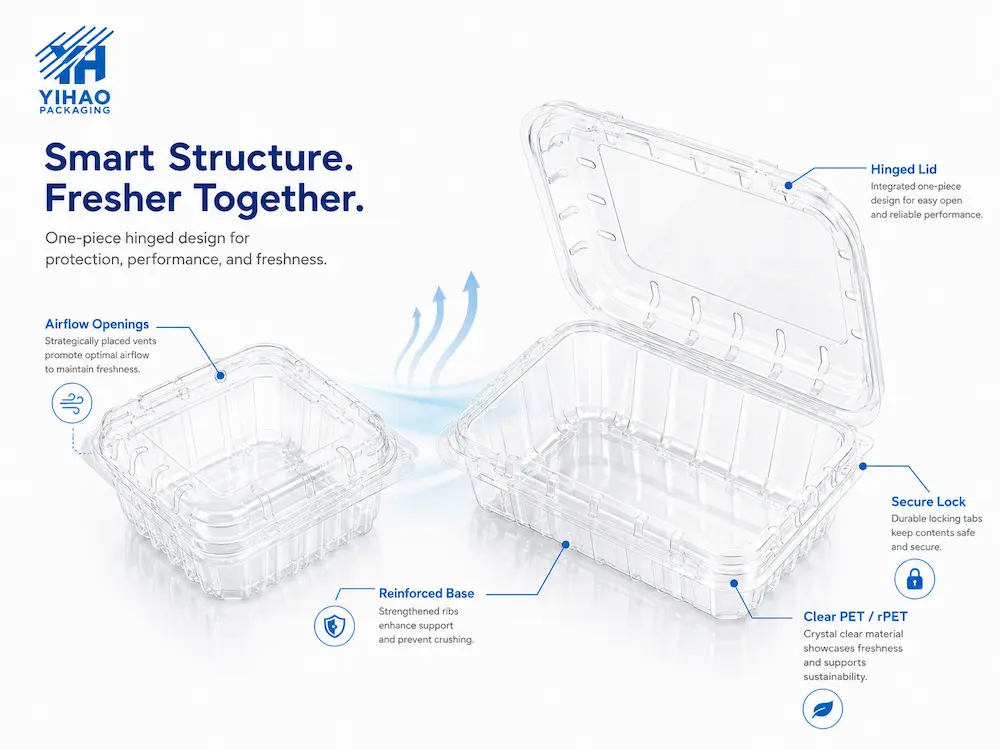 Vented PET clamshell container structure with hinged lid airflow openings and secure lock