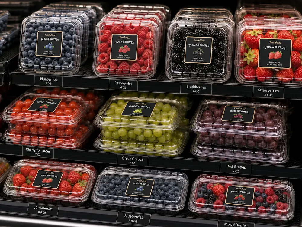 Ventilated Produce Clamshell Containers Complete Buyer Guide 4 Ventilated berry clamshell containers displayed in a supermarket refrigerated shelf