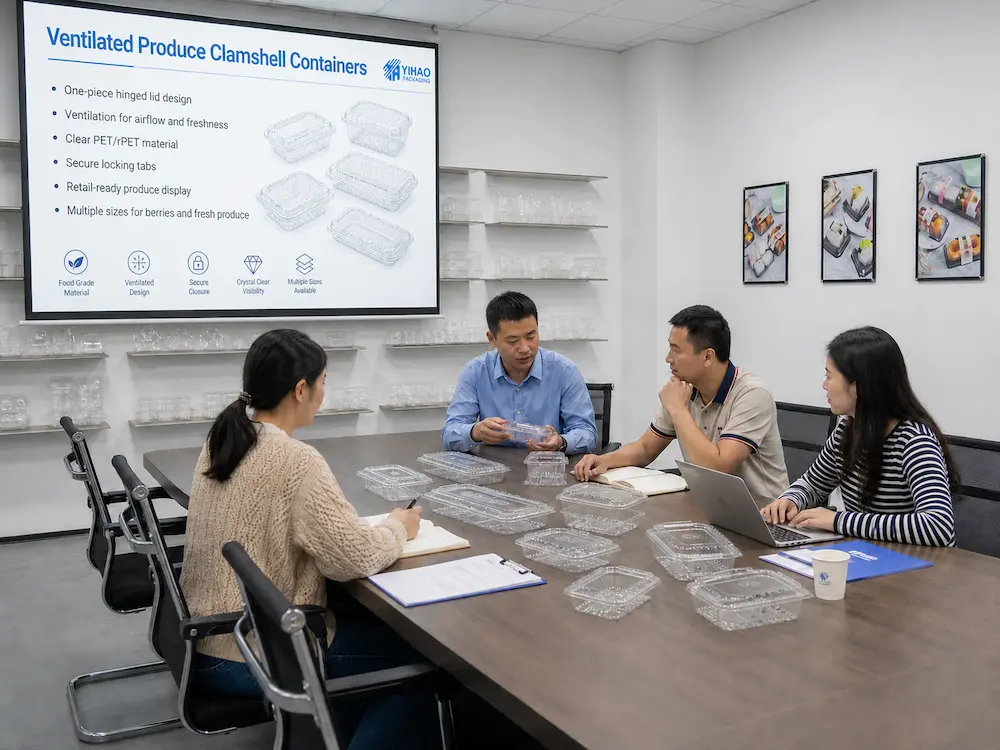 Ventilated Produce Clamshell Containers Complete Buyer Guide 7 Sample review meeting for ventilated produce clamshell containers and packaging selection