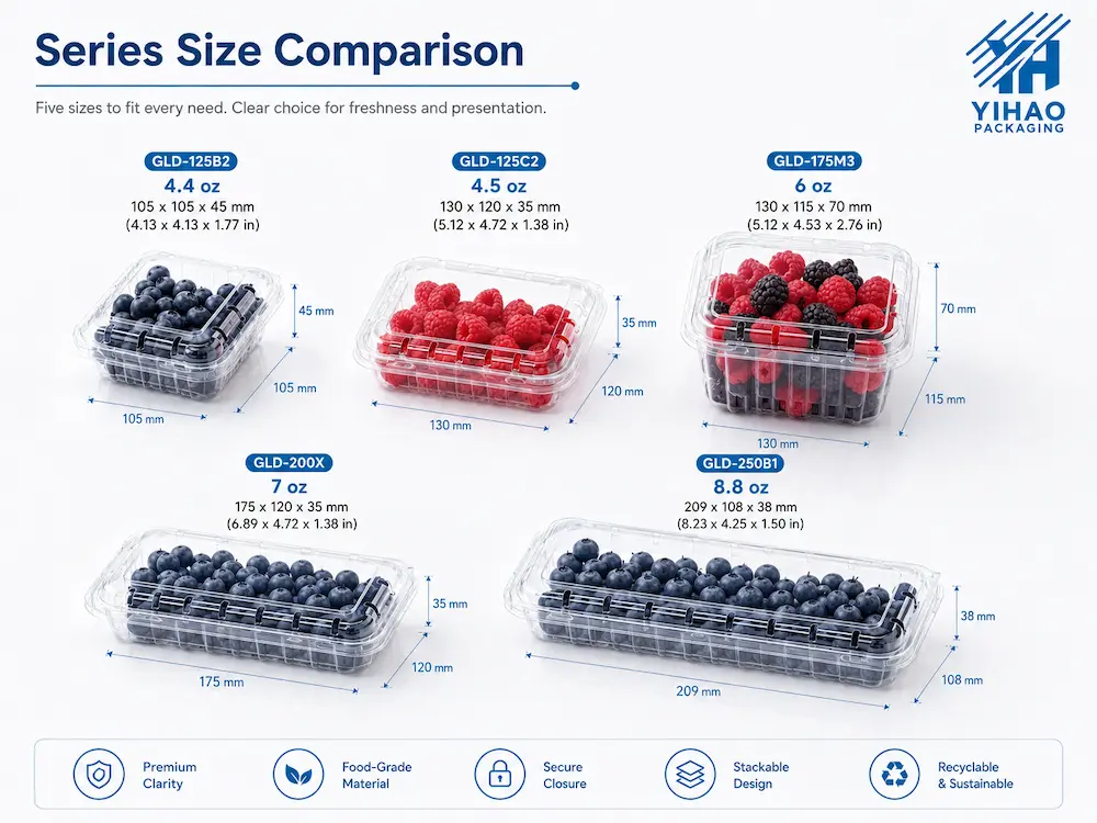 Ventilated Produce Clamshell Containers Complete Buyer Guide 1 Ventilated produce clamshell container size comparison for berries and fresh produce packaging