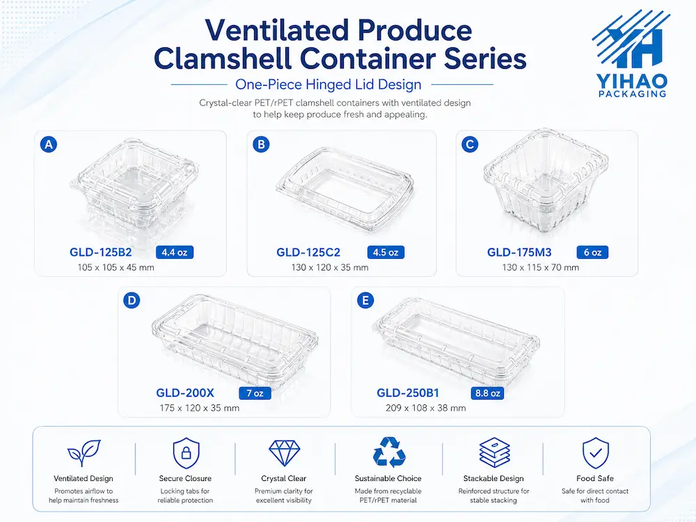 Ventilated Produce Clamshell Containers Complete Buyer Guide 14 Ventilated produce clamshell container series with one-piece hinged lid design