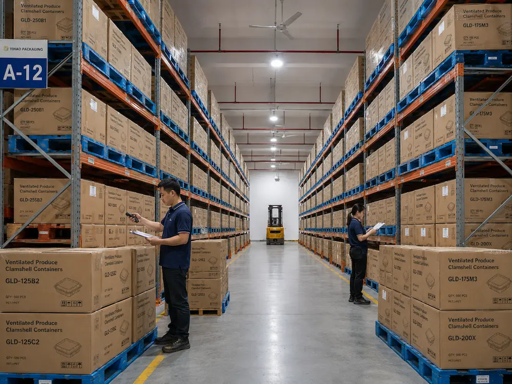 Ventilated Produce Clamshell Containers Complete Buyer Guide 6 Warehouse inventory of ventilated produce clamshell container cartons for wholesale supply