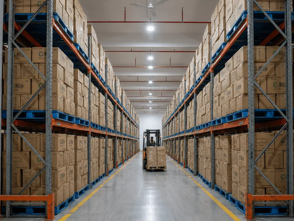 Bubble Tea Cups and Milk Tea Cups Complete Guide 7 Food packaging warehouse with stacked cartons for wholesale bubble tea cup supply