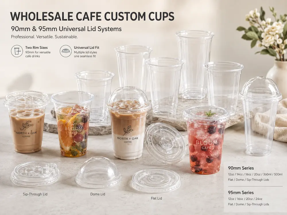 Wholesale cafe custom cups with 90mm and 95mm universal lid systems for PET and rPET cold drink packaging