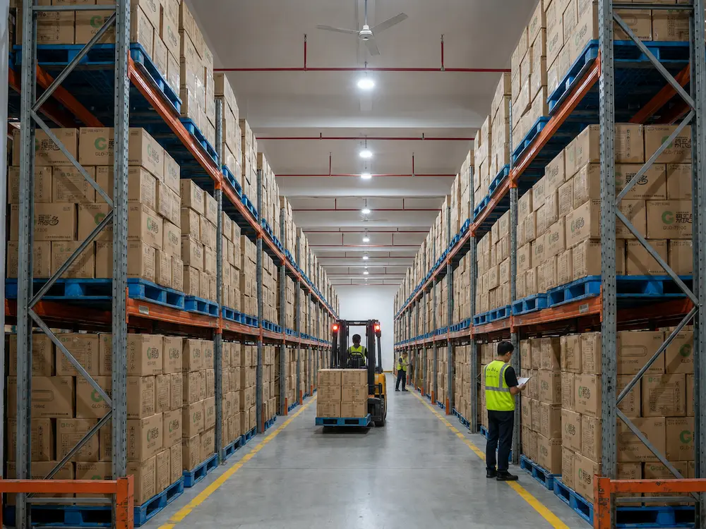 Wholesale cafe custom cups warehouse with cartons, pallets, and export-ready packaging inventory