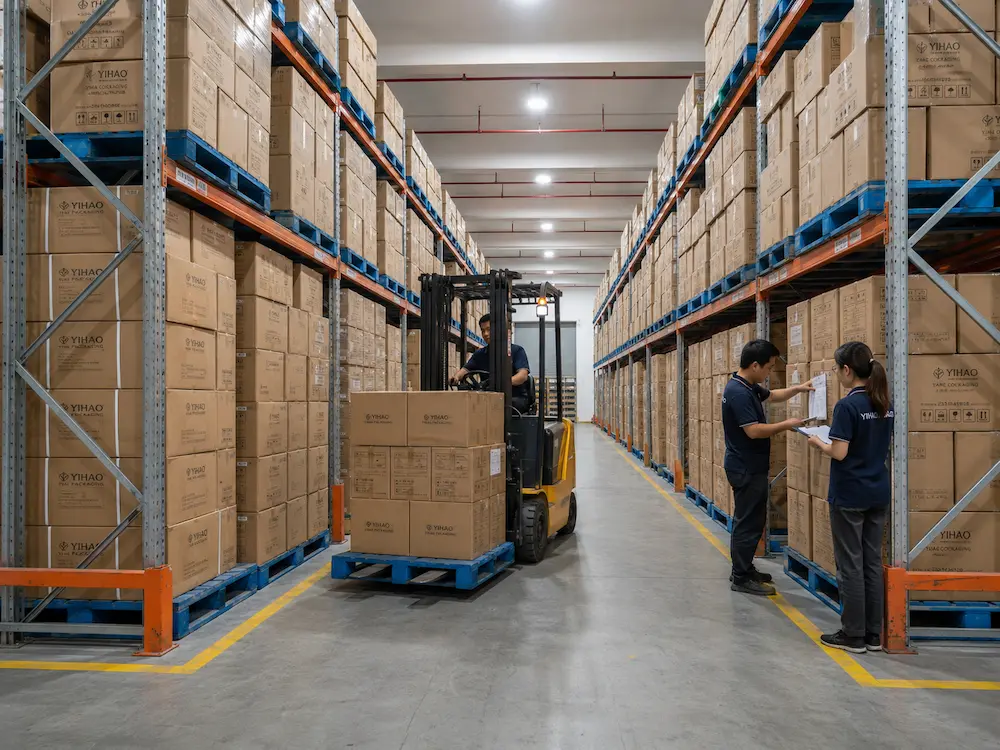 Cake Containers: Buyer Guide for Food Packaging Teams 6 YIHAO warehouse with stacked cartons for wholesale cake container inventory and shipment