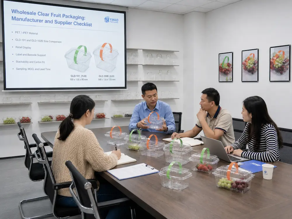Wholesale Clear Fruit Packaging: Manufacturer and Supplier Checklist 8 Buyer meeting for wholesale clear fruit packaging sample review and supplier checklist