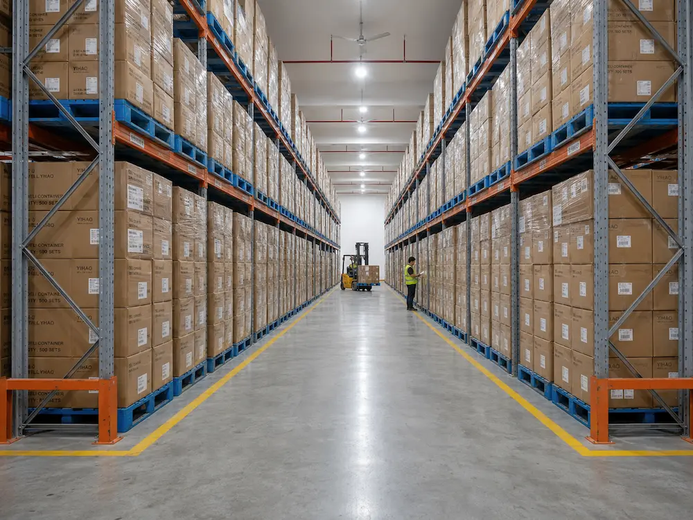 Wholesale Deli Clamshell Packaging: Manufacturer and Supplier Checklist 7 Warehouse storage of wholesale cartons for clear PET deli clamshell containers on pallet racks