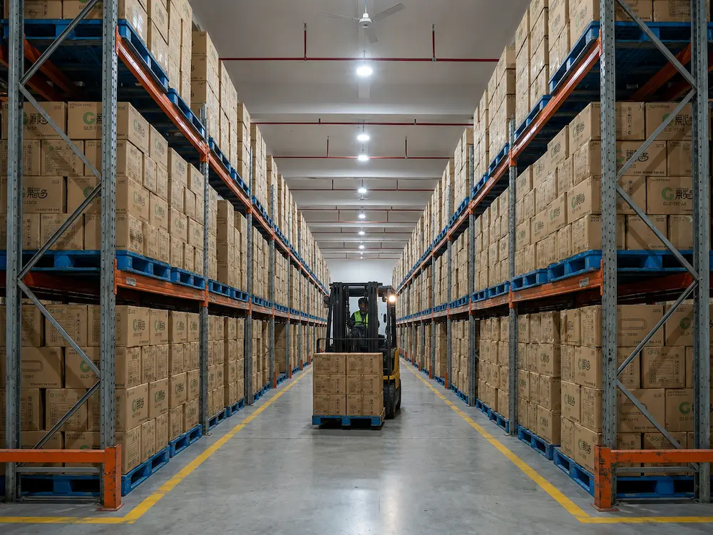 Wholesale clear PET drink cup cartons stored in a packaging warehouse