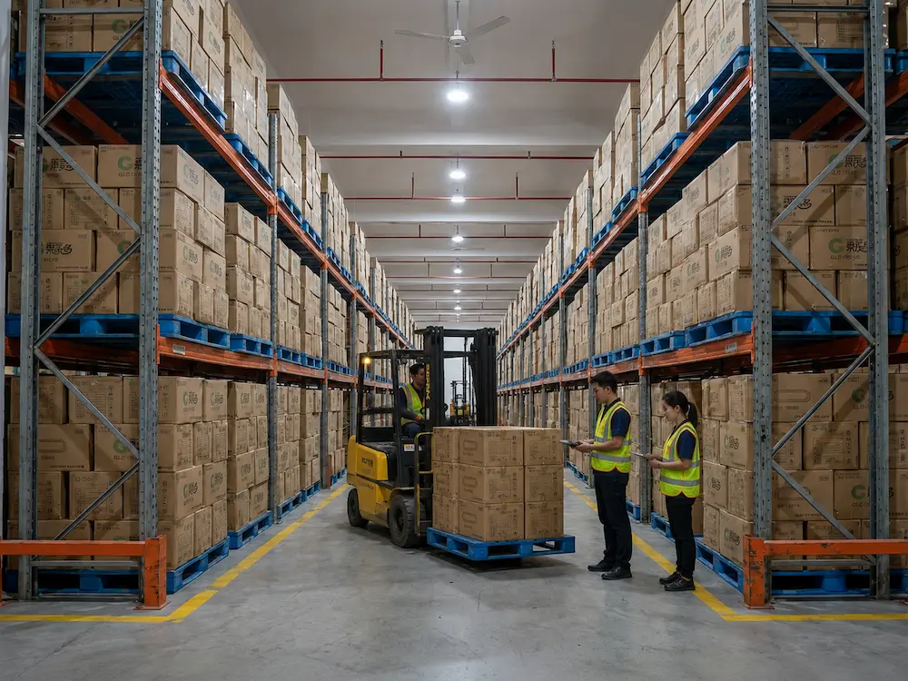 Organized warehouse storage for wholesale clear PET food packaging cartons