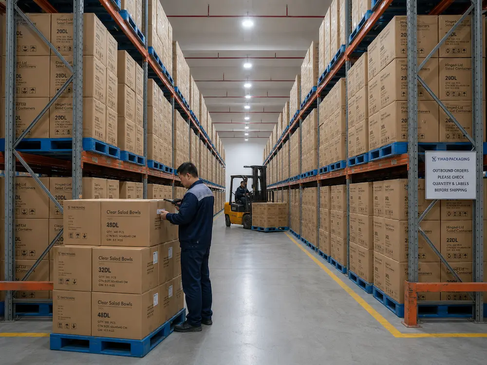 Clear Salad Bowls vs Alternative Packaging: A Buyer’s Guide for Chilled Salad Packaging 7 Warehouse storage and carton handling for wholesale clear salad bowl packaging