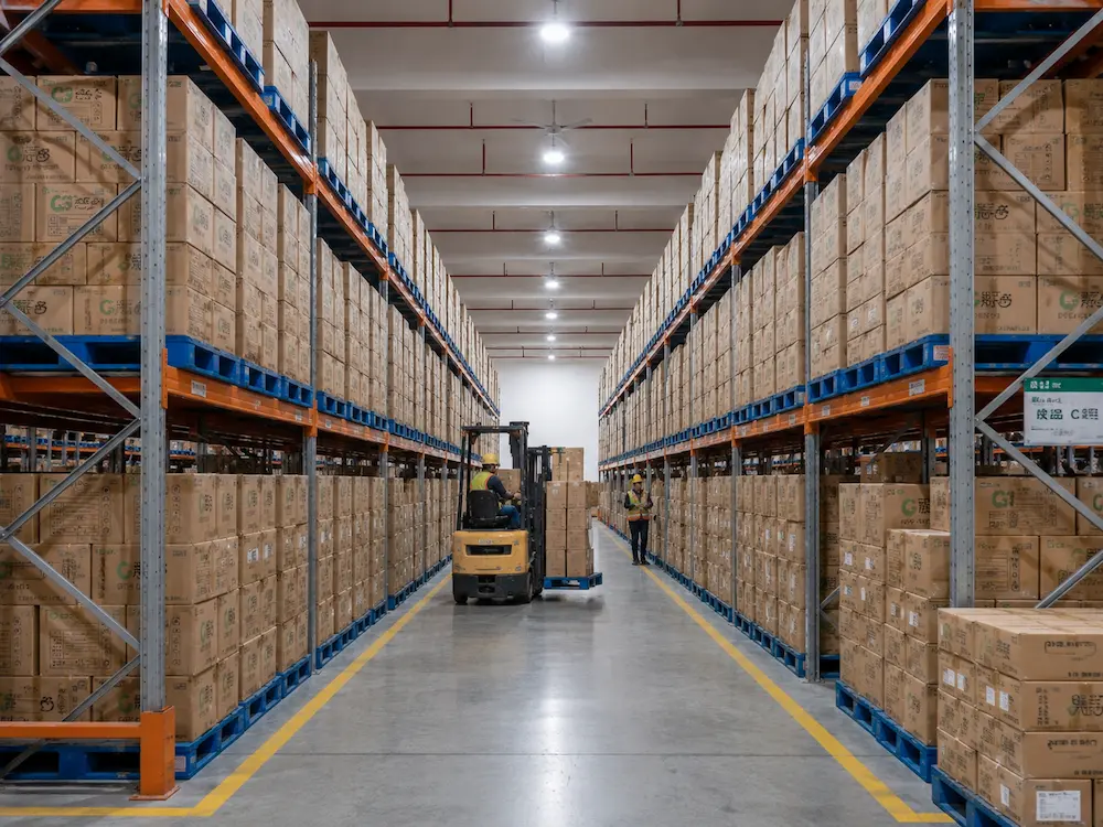 Best Cold Cup Supplier for Retail Display, Takeaway, and Chilled Food 8 Warehouse storage for wholesale cold cup cartons with pallet racks, forklift handling, and bulk inventory control.