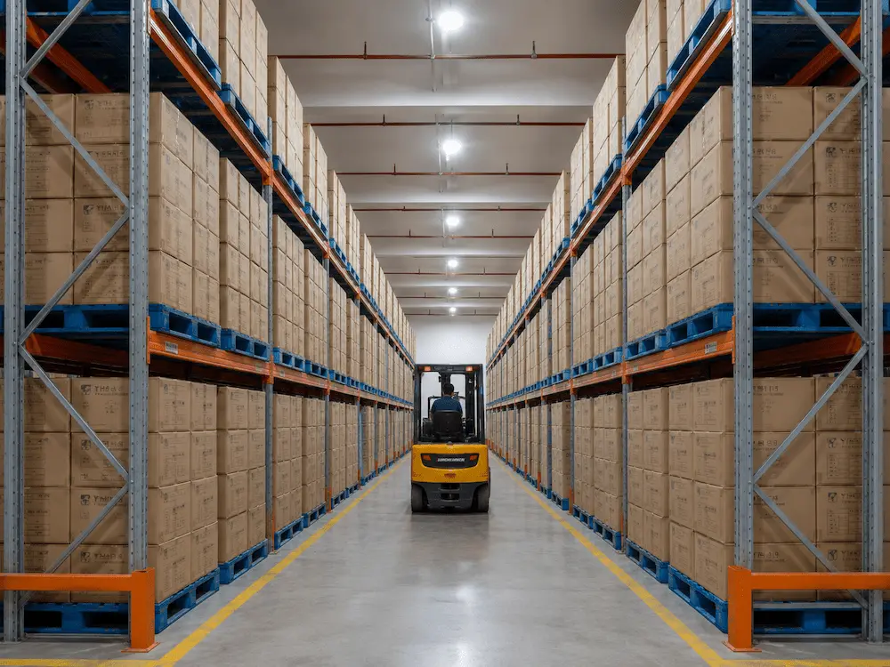 Wholesale cartons of PET cold cups and lids stored in a packaging warehouse