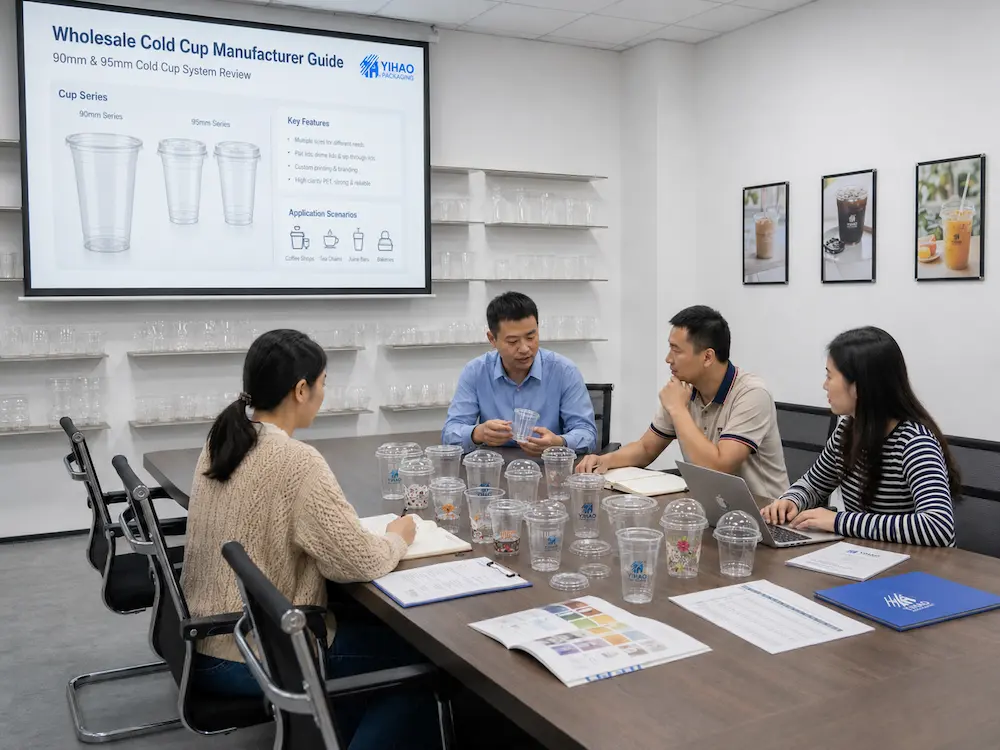 Wholesale Cold Cup Manufacturer Guide for Beverage Chains 1 YIHAO cold cup manufacturer guide meeting with PET cold cup samples and 90mm 95mm cup system presentation