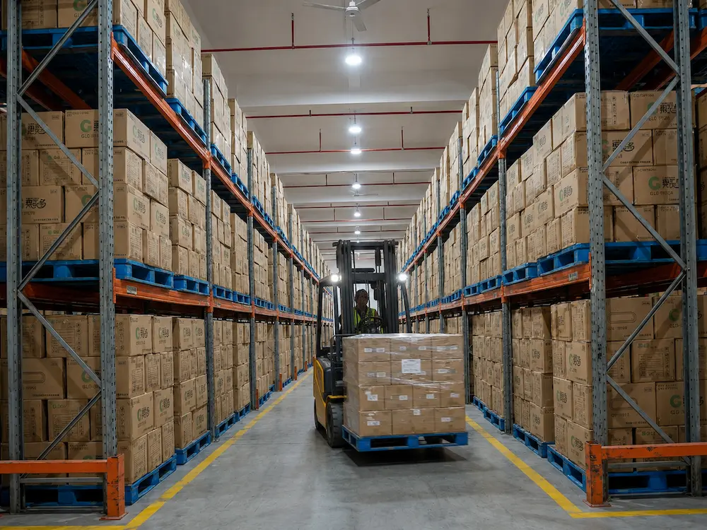 Warehouse aisle with palletized cartons prepared for wholesale cold cup packaging supply