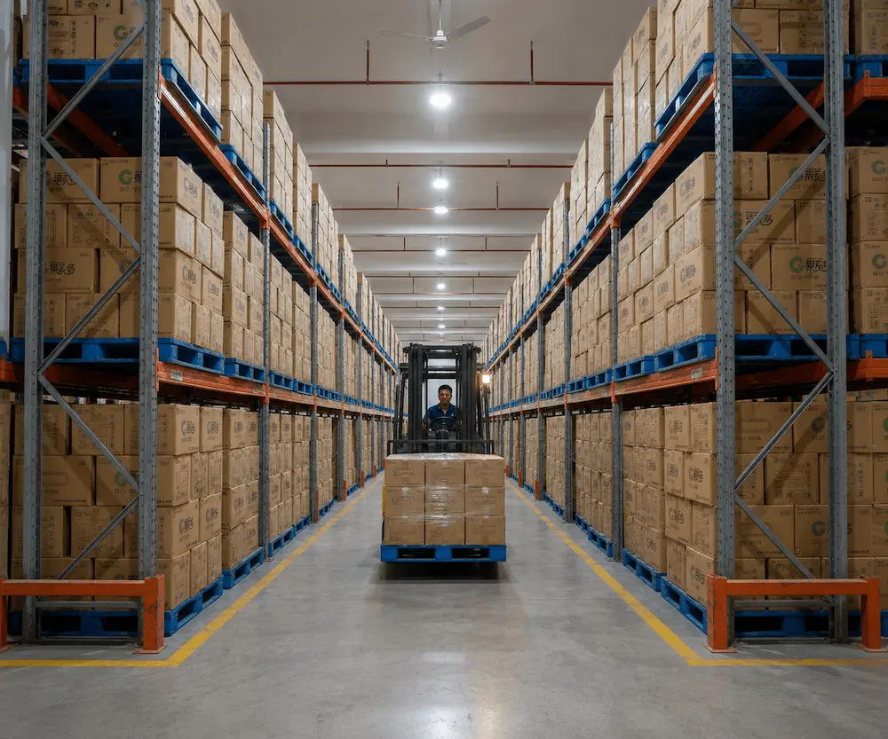 Wholesale cold cup packaging warehouse with stacked cartons and forklift handling bulk inventory