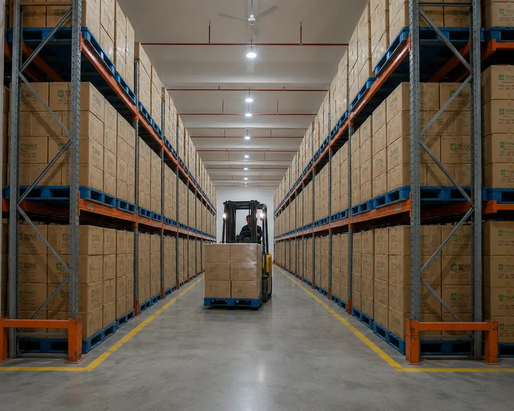 Wholesale cold cup packaging warehouse with cartons, pallets, and forklift for stable beverage packaging supply