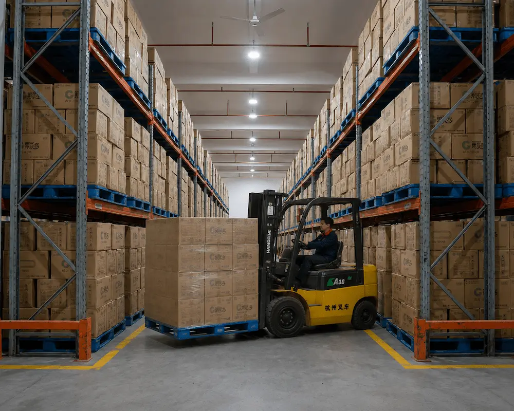Wholesale cold cup packaging warehouse with cartons and palletized PET cup inventory