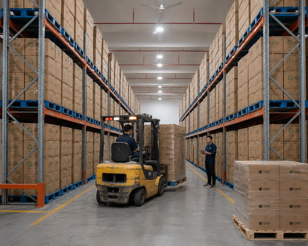 Wholesale Cold Cup Manufacturer Guide for Beverage Chains 8 Wholesale cold cup warehouse with export cartons, pallet storage, and forklift handling
