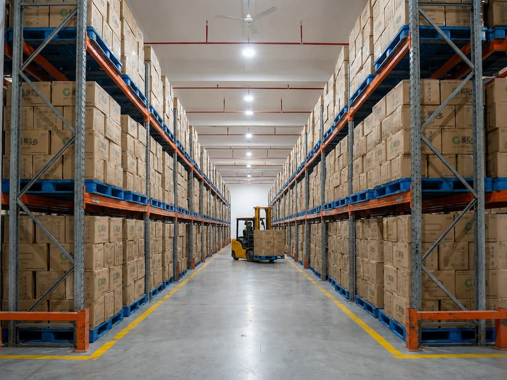 Custom Cup Manufacturer FAQ: Materials, Sizes, Uses, and Ordering Questions 7 Warehouse racks filled with packed beverage packaging cartons for wholesale cold cup inventory and export supply