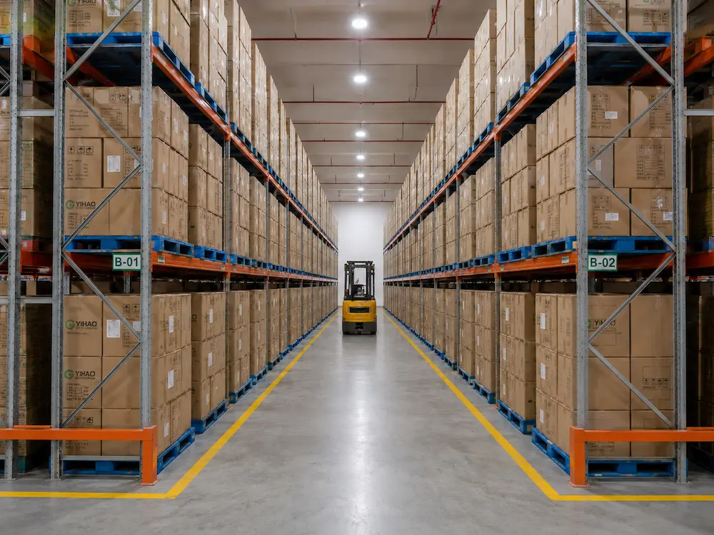Wholesale Custom Cups for Supermarkets, Cafes, Bakeries, and Foodservice Brands 6 Carton-packed wholesale custom cup inventory stored on warehouse racks for bulk supply and distribution